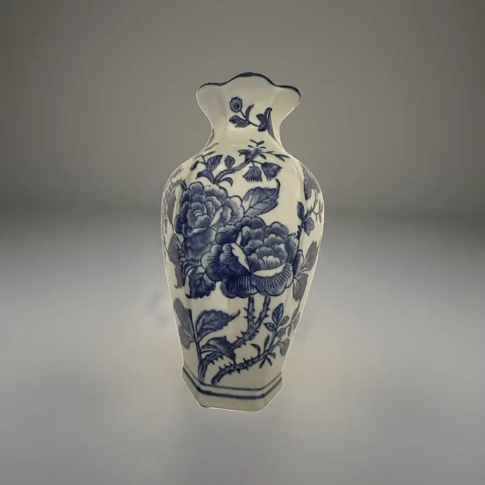 2 New Chinese Blue & White Rosé Transfer Wear Chinoiserie Pocket Wall Vase 10” T